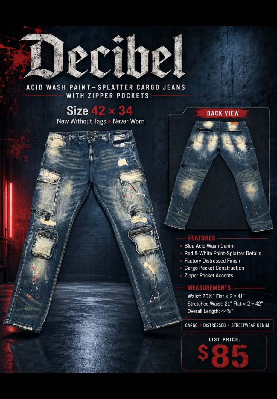 Decibel Acid Wash Paint-Splatter Cargo Jeans with Zipper Pockets